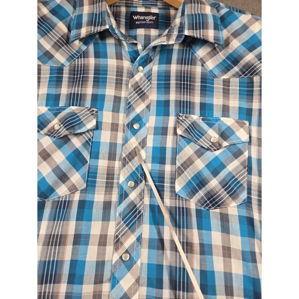 Wrangler Mens Short Sleeve Western Pearl Snap Shirt 2XL XXL Blue Rodeo Plaid - Picture 5 of 16